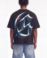 Godspeed New Age Reloaded Tee Black, cropped on-model back view showing the chrome G monogram