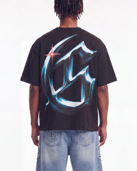 Godspeed New Age Reloaded Tee Black, cropped on-model back view showing the chrome G monogram