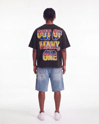 Godspeed Finally Tee black, full rear view on model showing the OUT OF MANY, ONE block lettering