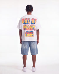 Godspeed Finally Tee white, full rear view on model showing the OUT OF MANY, ONE block lettering