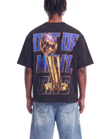 Godspeed Liberty Reigns Tee black, upper body rear view on model showing the gold trophy back print
