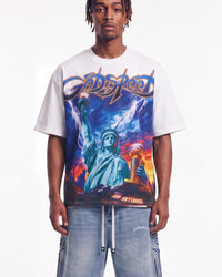 Godspeed Liberty Reigns Tee white, upper body front view on model showing the Statue of Liberty lightning storm graphic