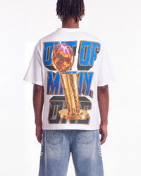 Godspeed Liberty Reigns Tee white, upper body rear view on model showing the gold trophy back print