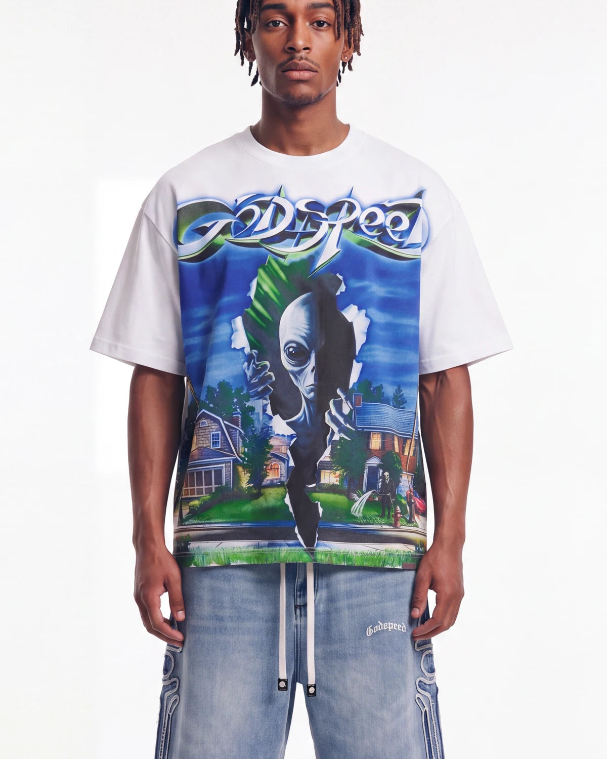 Godspeed Neighborhood Watch Tee white, upper body front view on model showing the alien and suburban street graphic