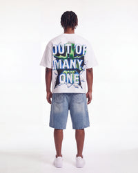 Godspeed Neighborhood Watch Tee white, full rear view on model showing the OUT OF MANY, ONE torn-fabric back print