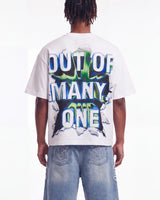 Godspeed Neighborhood Watch Tee white, upper body rear view on model showing the OUT OF MANY, ONE lettering