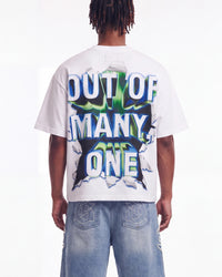 Godspeed Neighborhood Watch Tee white, upper body rear view on model showing the OUT OF MANY, ONE lettering