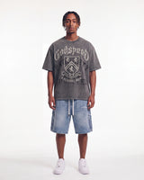 Godspeed Femur Frayed Denim Shorts Blue, worn by a model, full-length front view