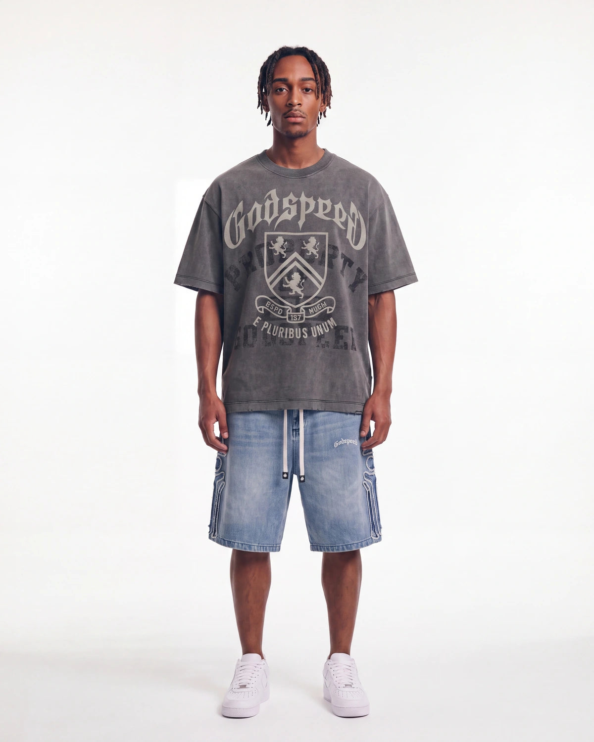 Godspeed Femur Frayed Denim Shorts Blue, worn by a model, full-length front view
