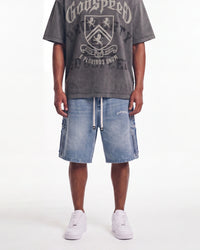 Godspeed Femur Frayed Denim Shorts Blue, worn on-model view showing the fit through the leg