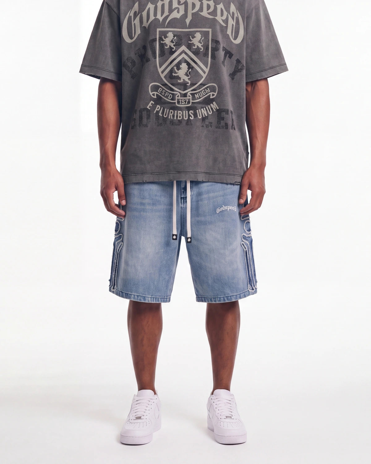 Godspeed Femur Frayed Denim Shorts Blue, worn on-model view showing the fit through the leg
