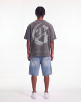 Godspeed Femur Frayed Denim Shorts Blue, worn by a model, full-length back view