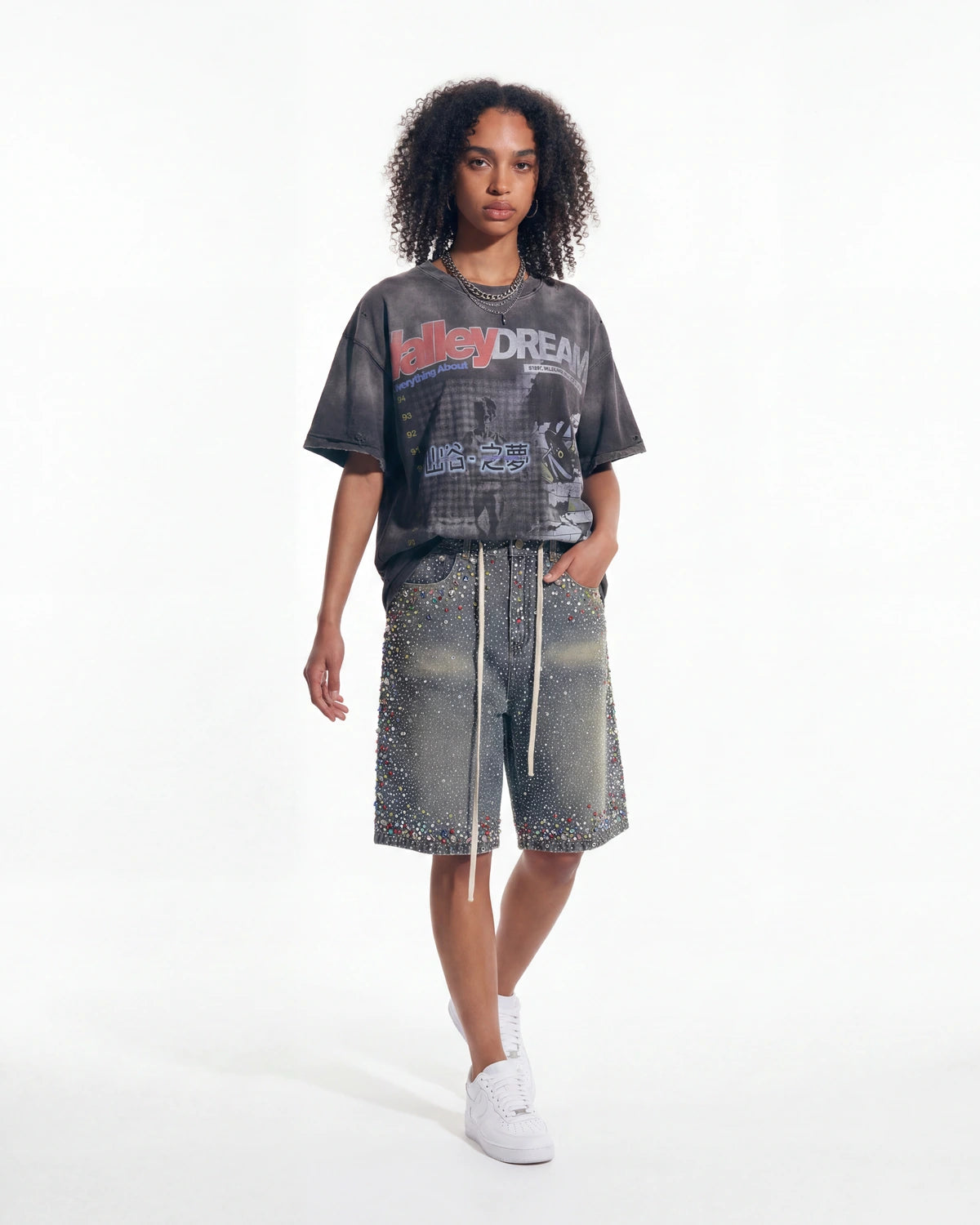 Restock AR Outfit #42, washed black Valley Dreams graphic tee styled with rhinestone-speckled denim jorts, full look