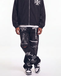 Mixed Emotions Canvas Denim black, waist-down front view on model showing the white scrawl prints