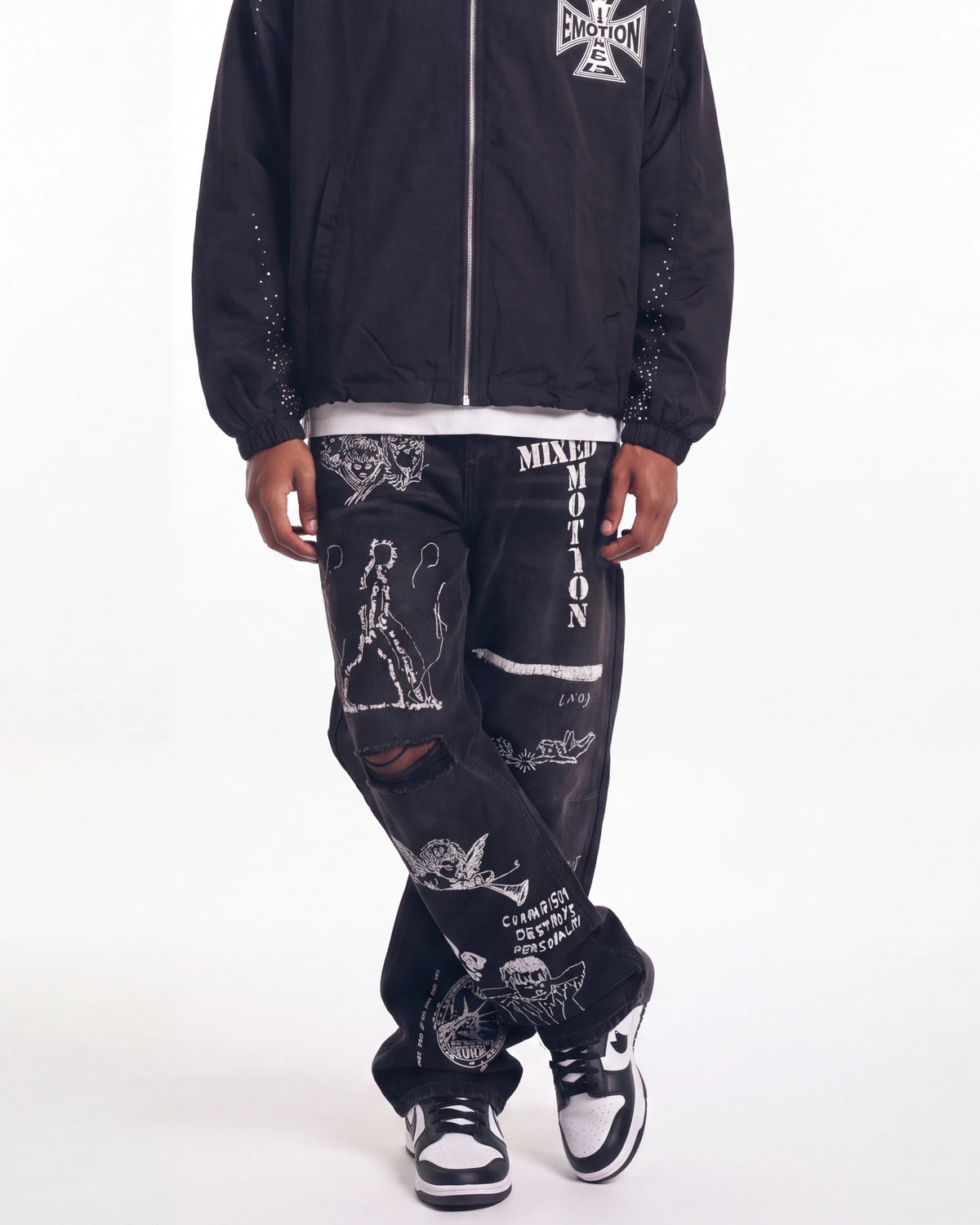 Mixed Emotions Canvas Denim black, waist-down front view on model showing the white scrawl prints