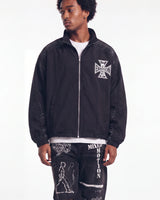 Mixed Emotions Classic Nylon Jacket black, upper body front view on model showing the Iron Cross chest logo