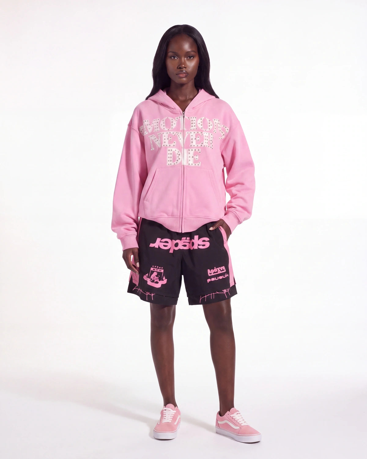 Restock AR Outfit #43, pink rhinestone-text zip hoodie styled with black mesh basketball shorts, full look