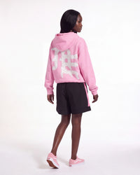 Sp5der Soccer Double Layer Shorts black, full rear view on model worn with a pink zip hoodie