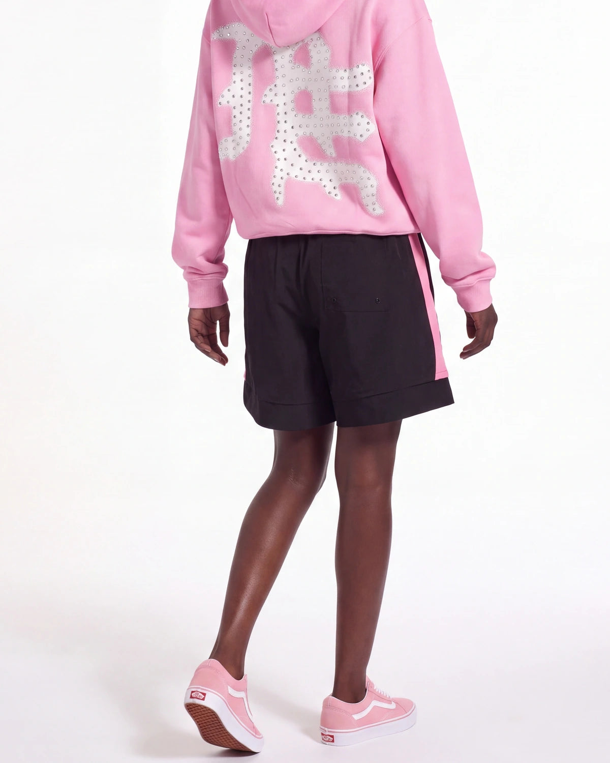 Sp5der Soccer Double Layer Shorts black, side and rear view on model showing the pink side panels