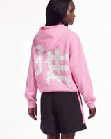 Mixed Emotions End Rhinestone Hoodie pink, upper body rear view on model showing the studded ME back graphic