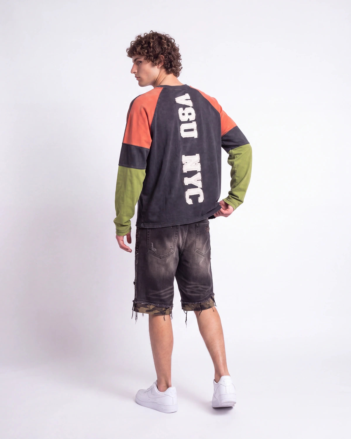 Vale Forever Boomerang L/S Tee black, full rear view on model showing the stitched VSU NYC varsity letters