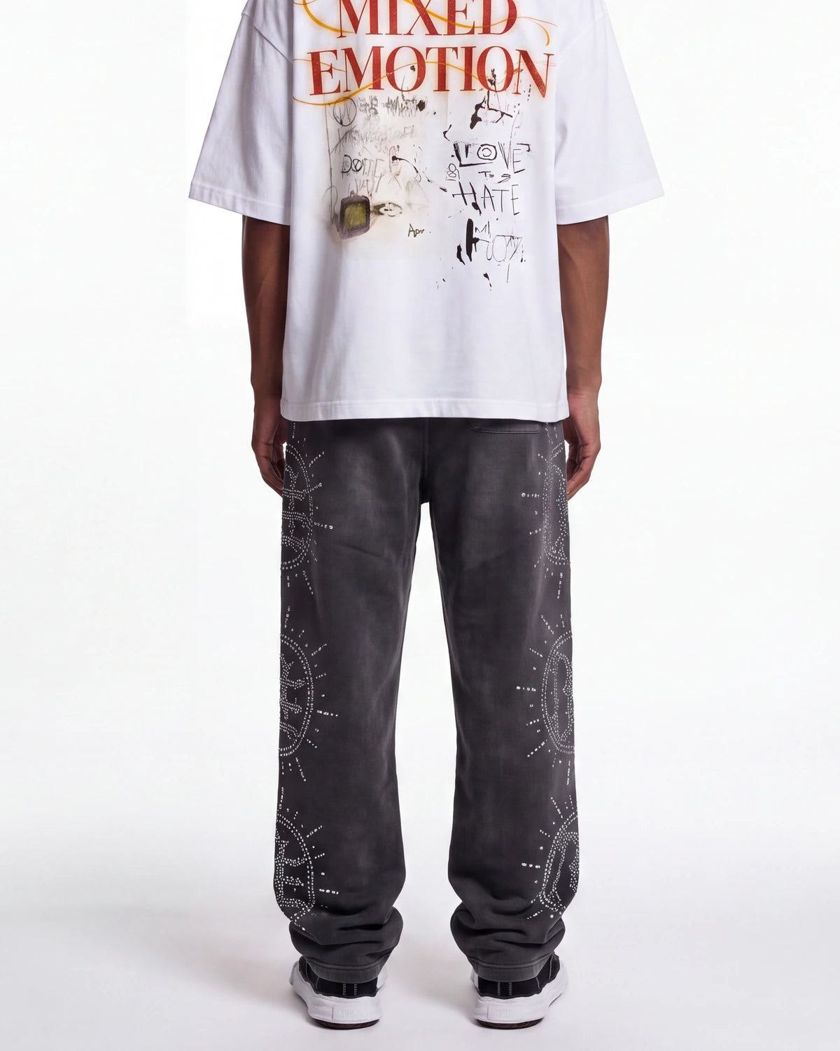 Mixed Emotions Eclipse Rhinestone Sweatpants Acid Wash Grey
