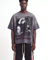 Vale Forever Solo Tee grey, upper body front view on model showing the valleydream photo print and rhinestone lettering