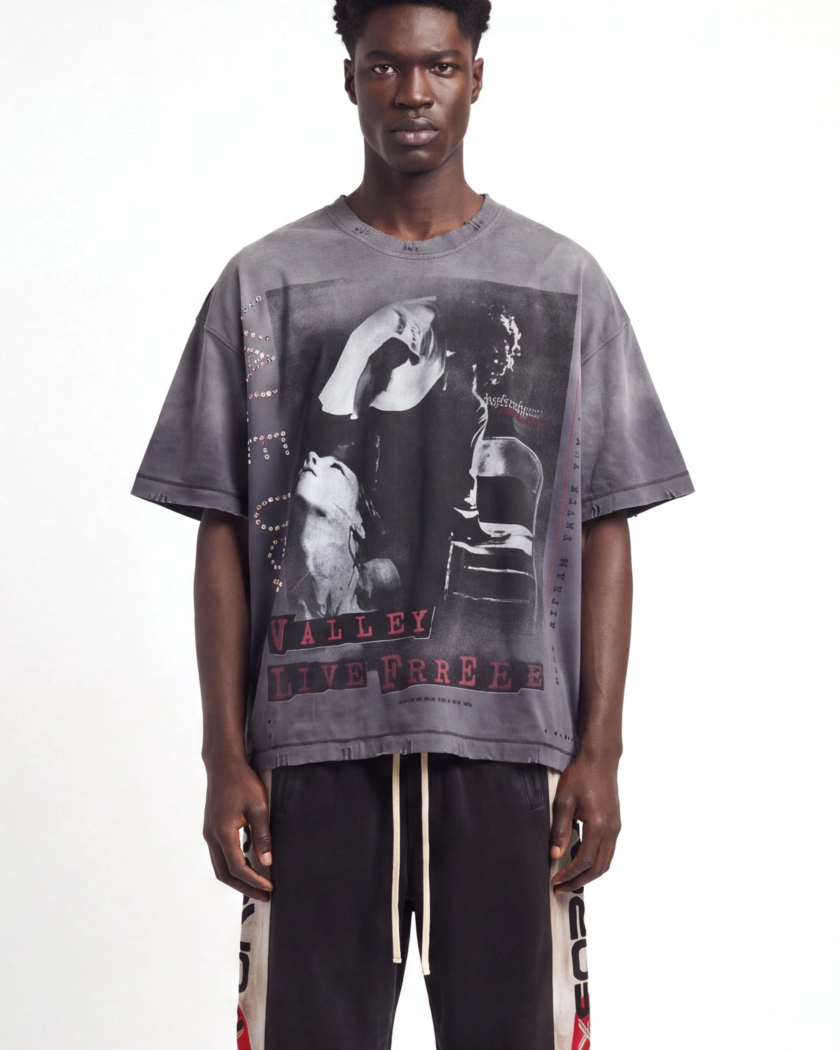 Vale Forever Solo Tee grey, upper body front view on model showing the valleydream photo print and rhinestone lettering