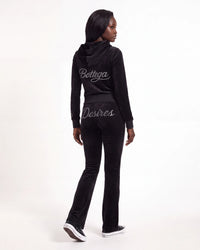 model wearing bottega desires black velour sweatsuit