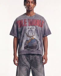 A model wearing a gray oversized graphic t-shirt with a bulldog print and red 'DIBLE WORLD' text, paired with matching gray tie-dye pants, against a plain white background.