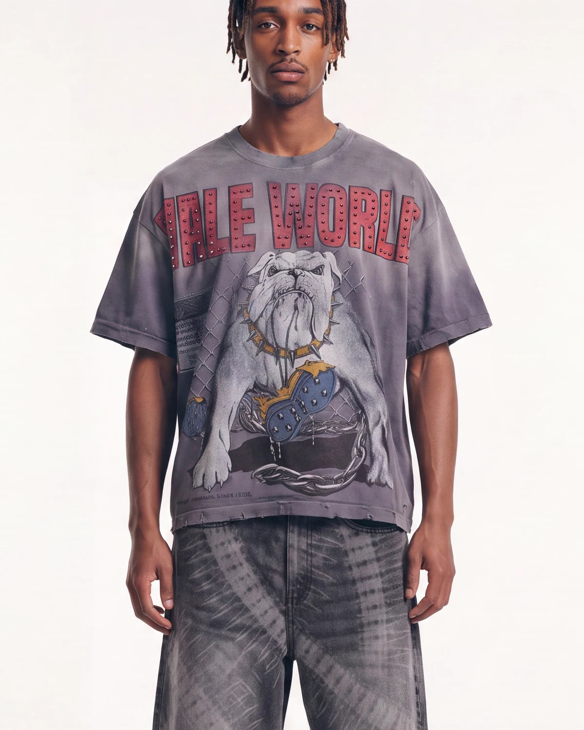 A model wearing a gray oversized graphic t-shirt with a bulldog print and red 'DIBLE WORLD' text, paired with matching gray tie-dye pants, against a plain white background.