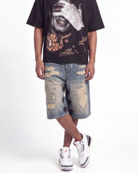Lost Shdws Distressed Denim Shorts Blue/Black