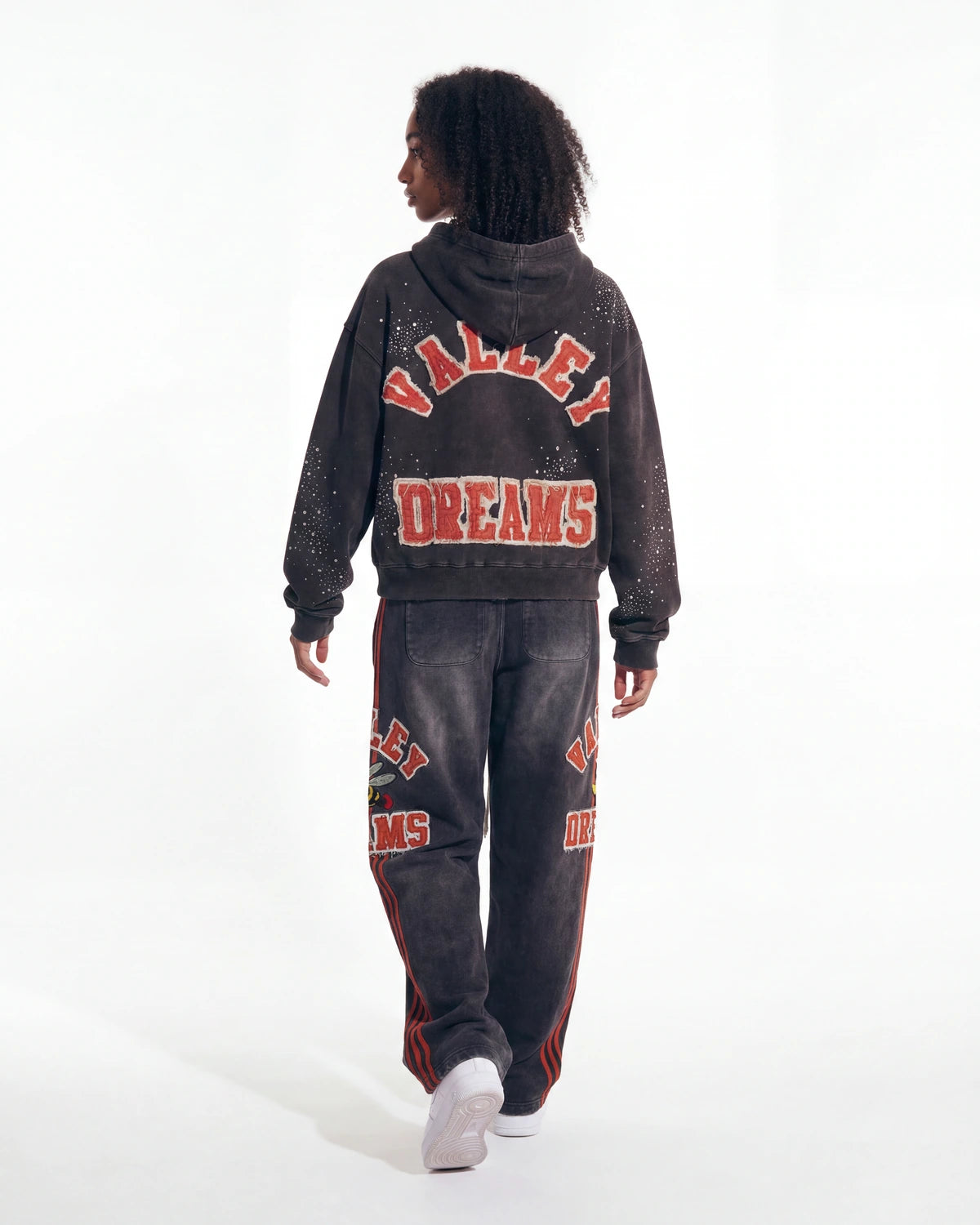 Restock AR Outfit #45, washed black zip hoodie with red arched Valley Dreams back graphic and matching baggy jeans, back view of the full look