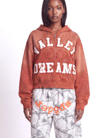 Vale Forever Classico Zip Up Hoodie orange, upper body front view on model showing the VALLEY DREAMS chenille lettering