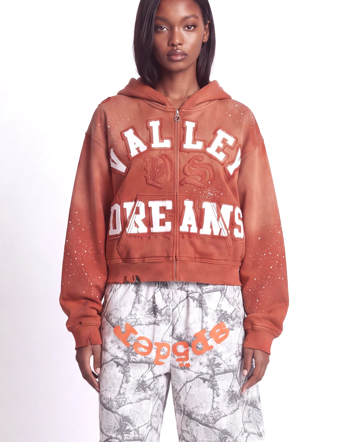 Vale Forever Classico Zip Up Hoodie orange, upper body front view on model showing the VALLEY DREAMS chenille lettering