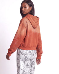 Vale Forever Classico Zip Up Hoodie orange, upper body rear view on model showing the hood and crystal detailing