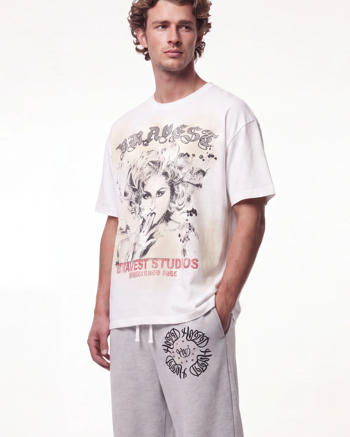 Bravest Studios Vivian Tee white, upper body front view on model showing the sketched portrait graphic