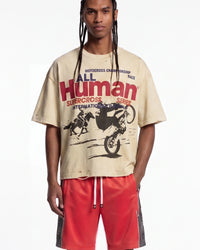 All Human The Pines Tee cream, upper body front view on model showing the motocross race graphic