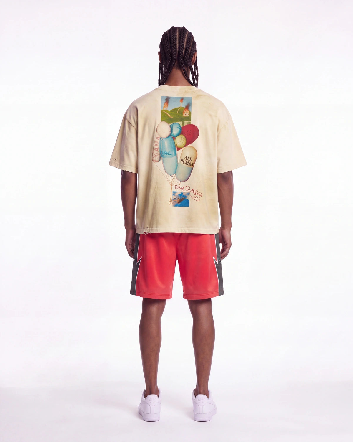 All Human Requiem For A Dream Tee cream, full rear view on model showing the balloon collage back print