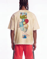 All Human Requiem For A Dream Tee cream, upper body rear view on model showing the pill-shaped balloon collage