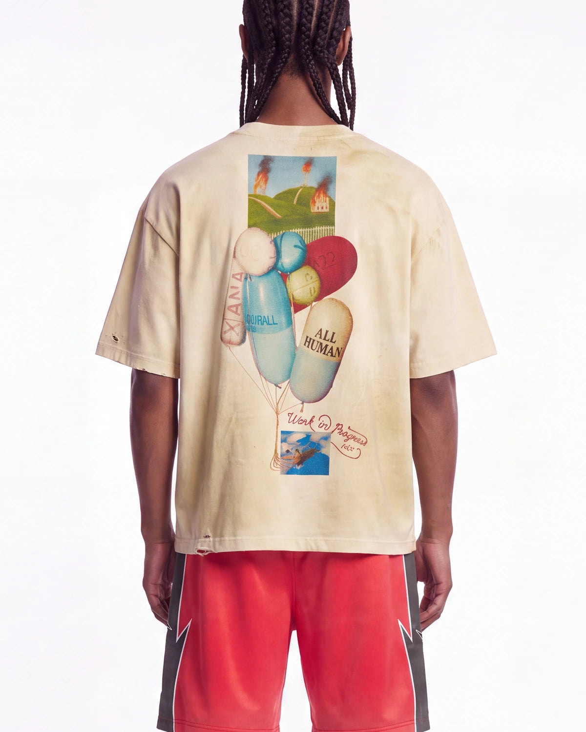 All Human Requiem For A Dream Tee cream, upper body rear view on model showing the pill-shaped balloon collage