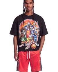 All Human Like Mike Tee black, upper body front view on model showing the airbrushed cartoon basketball graphic