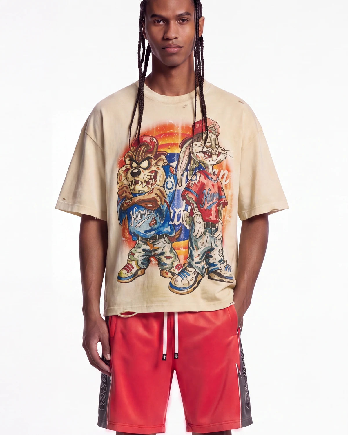 All Human Lefrak Tee cream, upper body front view on model showing the airbrushed cartoon baseball graphic