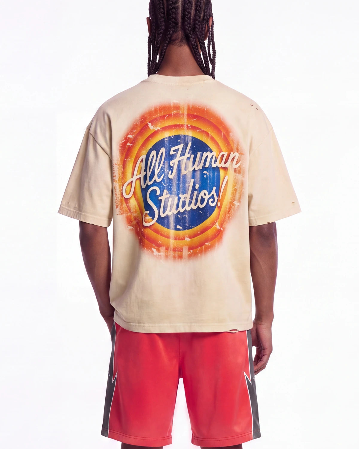 All Human Lefrak Tee cream, upper body rear view on model showing the All Human Studios roundel