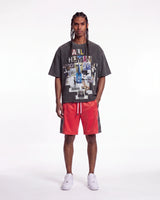 Godspeed Halftime Shorts V2 Red Acid Wash, worn by a model, full-length front view