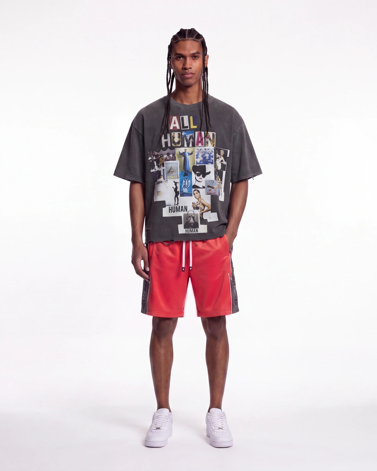 Godspeed Halftime Shorts V2 Red Acid Wash, worn by a model, full-length front view