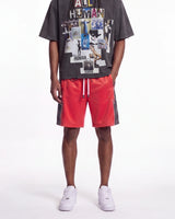 Godspeed Halftime Shorts V2 Red Acid Wash, worn on-model front view