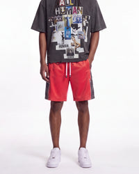 Godspeed Halftime Shorts V2 Red Acid Wash, worn on-model front view