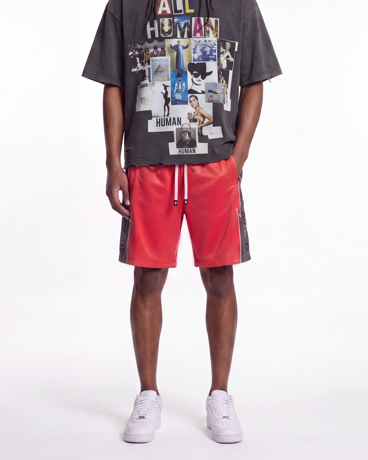 Godspeed Halftime Shorts V2 Red Acid Wash, worn on-model front view