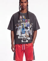 All Human Copy & Paste Tee black, upper body front view on model showing the ransom-letter ALL HUMAN collage
